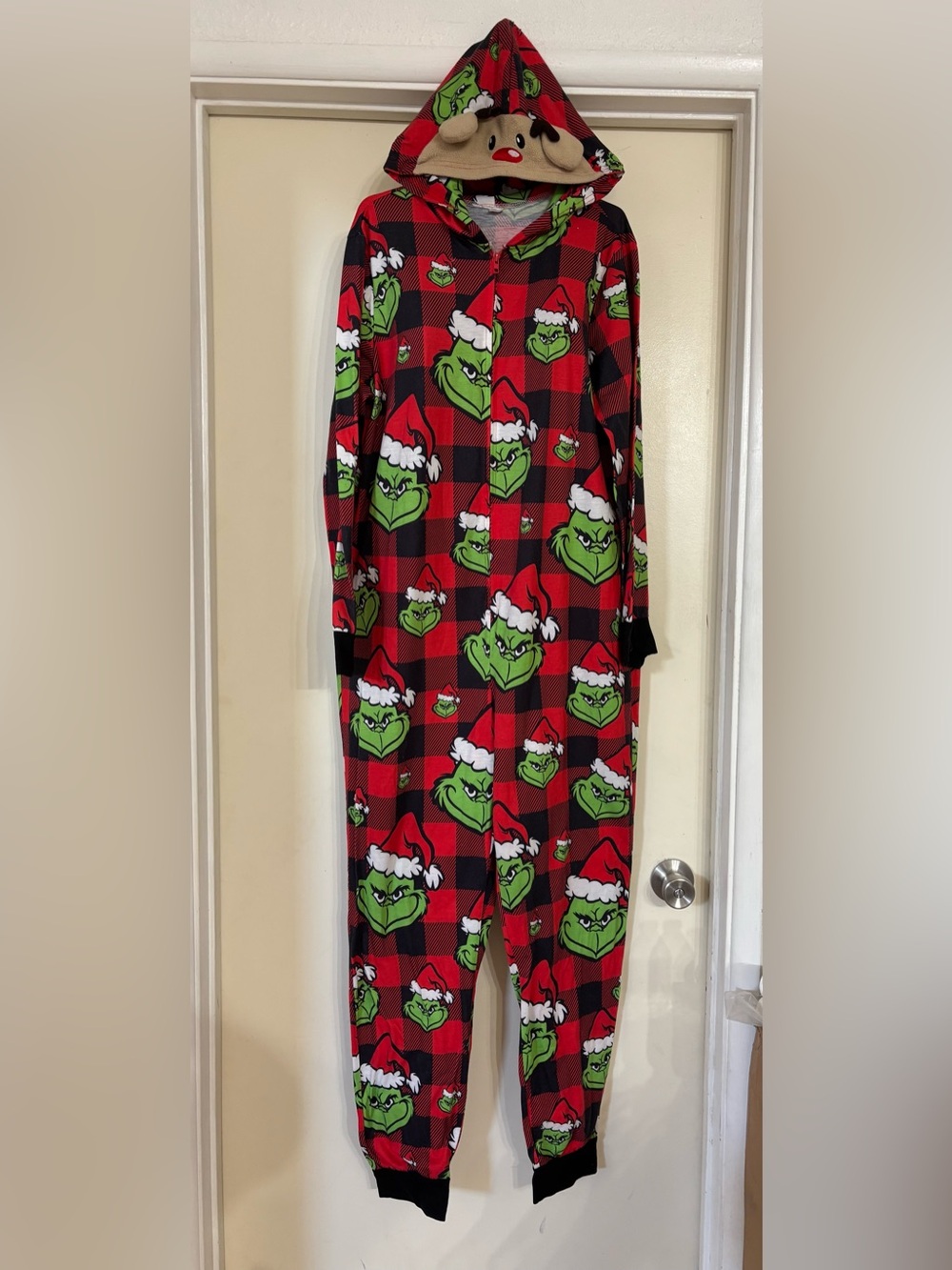 Plaid Grinch Hooded One-Piece Pajamas - Red/Green size L